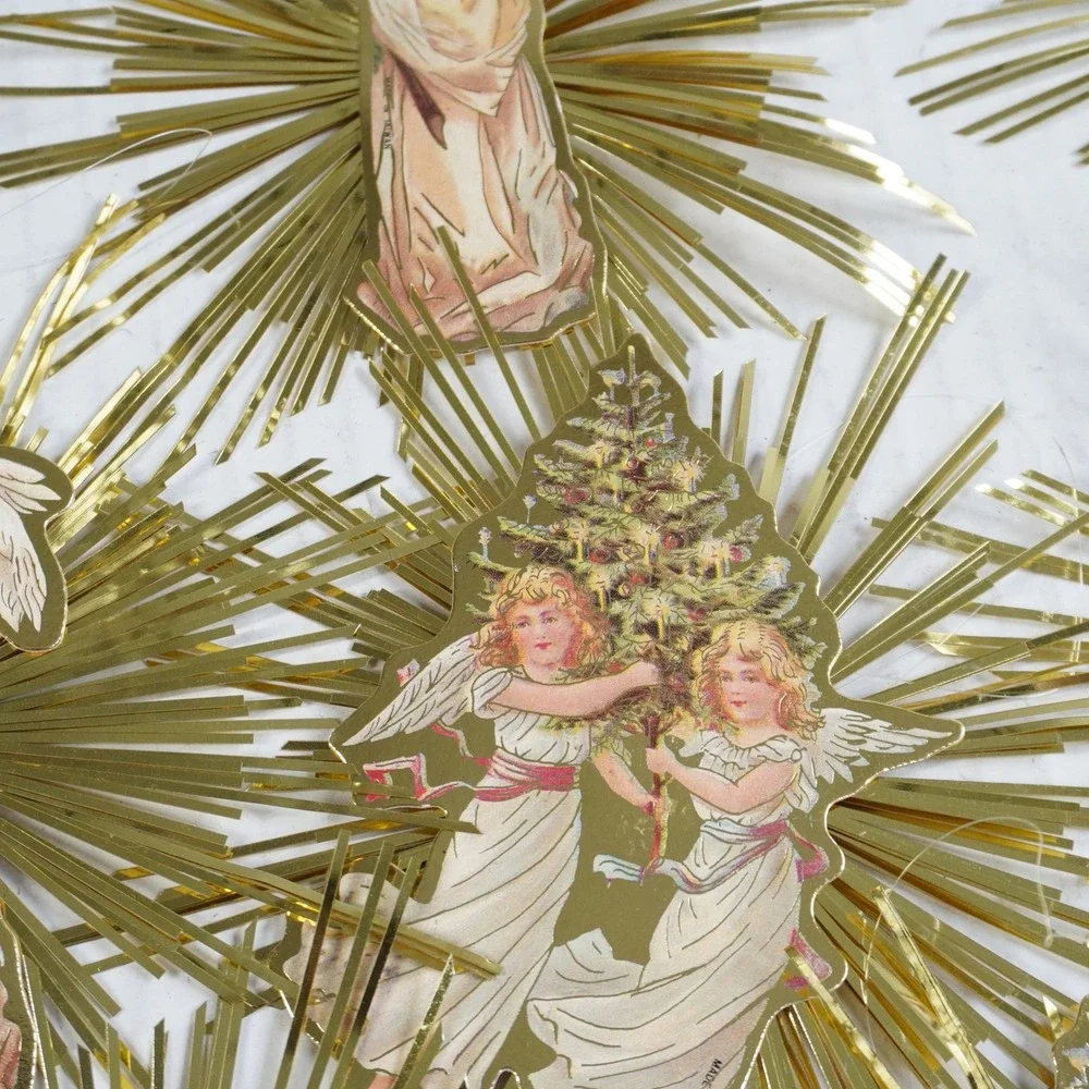 8 Vintage Victorian‎ Style Gold Foil Starburst Angel Paper Christmas Ornaments